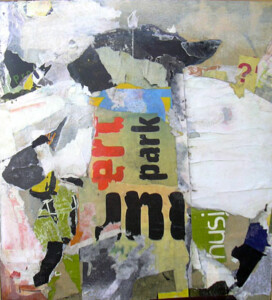 Papiers, acrylique sur bois - 48,5 x 44,3 cm - 2004 Collage papiers sur bois de l'artiste Fred SOULA, sculpteur plasticien en Dordogne