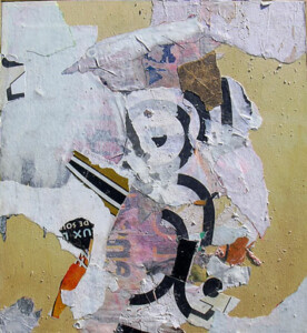 Papiers, acrylique sur bois - 48,5 x 44,3 cm - 2000 Collage papiers sur bois de l'artiste Fred SOULA, sculpteur plasticien en Dordogne