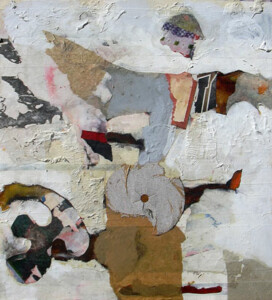 Papiers, acrylique sur bois - 48,5 x 44,3 cm - 1997 Collage papiers sur bois de l'artiste Fred SOULA, sculpteur plasticien en Dordogne