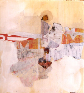 Papiers, acrylique sur bois - 48,5 x 44,3 cm - 1997 Collage papiers sur bois de l'artiste Fred SOULA, sculpteur plasticien en Dordogne