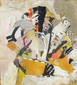 Papiers, acrylique sur bois - 48,5 x 44,3 cm - 2004 Collage papiers sur bois de l'artiste Fred SOULA, sculpteur plasticien en Dordogne