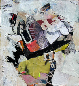 Papier, acrylique sur bois - 48,5 x 44,3 cm - 2000 Collage papiers sur bois de l'artiste Fred SOULA, sculpteur plasticien en Dordogne