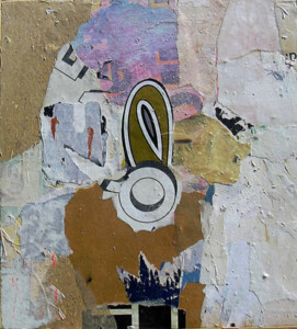 Papiers, acrylique sur bois - 48,5 x 44,3 cm - 2000 Collage papiers sur bois de l'artiste Fred SOULA, sculpteur plasticien en Dordogne