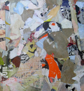 Papiers, acrylique sur bois - 48,5 x 44,3 cm - 2004 Collage papiers sur bois de l'artiste Fred SOULA, sculpteur plasticien en Dordogne