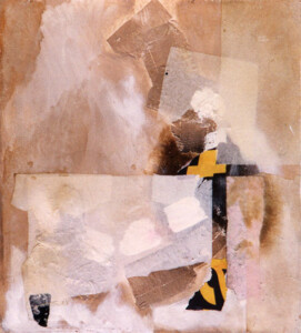 Papier, acrylique sur bois - 48,5 x 44,3 cm - 1997 Collage papiers sur bois de l'artiste Fred SOULA, sculpteur plasticien en Dordogne