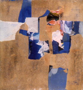 Papier, acrylique sur bois - 48,5 x 44,3 cm - 1997 Collage papiers sur bois de l'artiste Fred SOULA, sculpteur plasticien en Dordogne