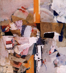 Papiers, acrylique sur bois - 48,5 x 44,3 cm - 1997 Collage papiers sur bois de l'artiste Fred SOULA, sculpteur plasticien en Dordogne