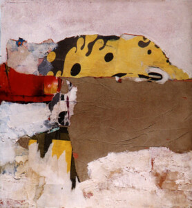 Papiers, acrylique sur bois - 48,5 x 44,3 cm - 1997 Collage papiers sur bois de l'artiste Fred SOULA, sculpteur plasticien en Dordogne