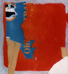 Papiers, acrylique sur bois - 48,5 x 44,3 cm - 1997 Collage papiers sur bois de l'artiste Fred SOULA, sculpteur plasticien en Dordogne