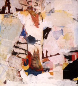 Papiers, acrylique sur bois - 48,5 x 44,3 cm - 1997 Collage papiers sur bois de l'artiste Fred SOULA, sculpteur plasticien en Dordogne